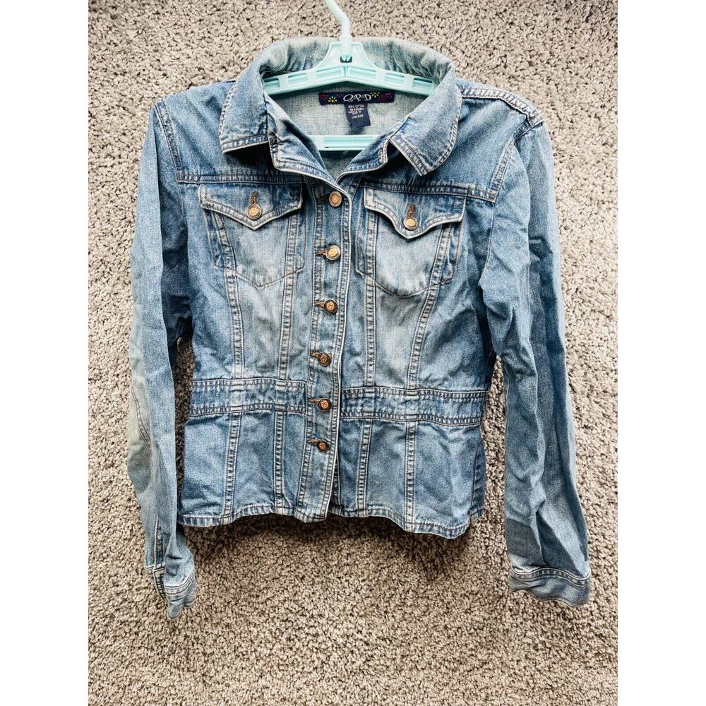 QPD Womens Denim Pocket Collar Cotton Button Up Jacket Blue Size M Long Sleeve